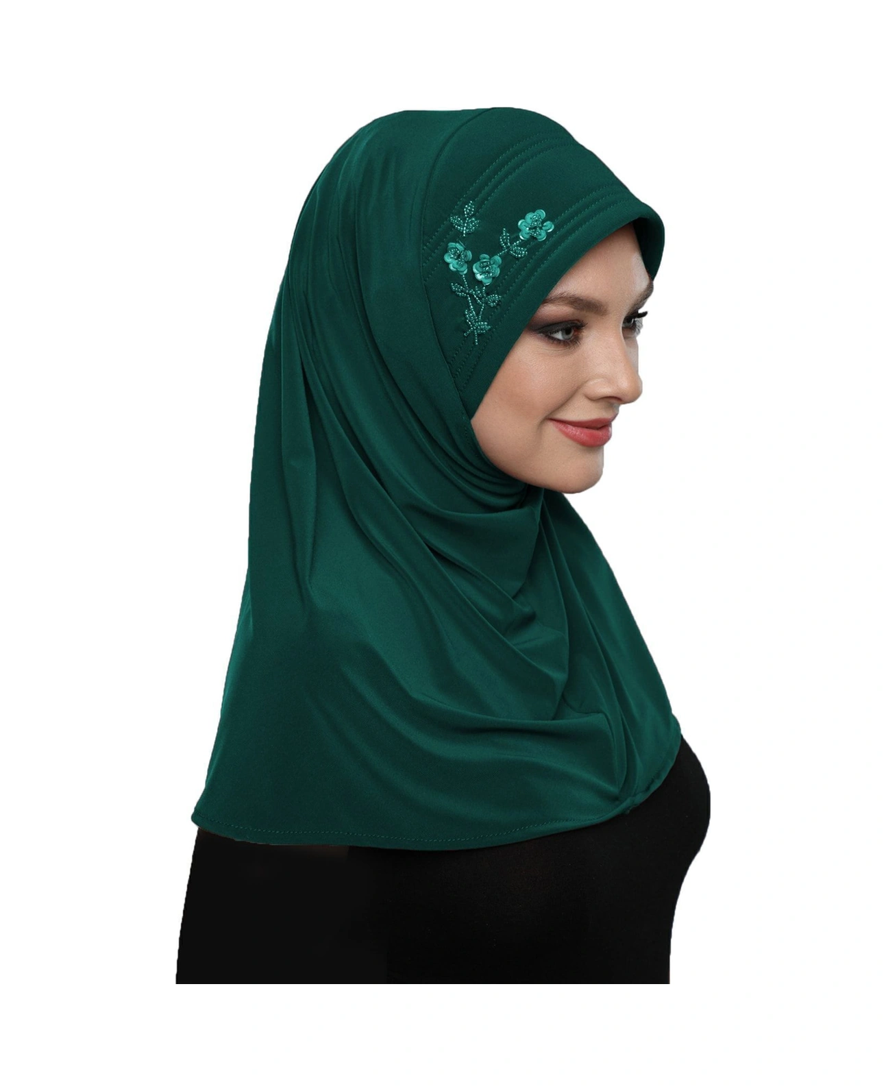 Takmatik Taşlı El Işi Boncuk Işlemeli Yeşil Hazır Türban Tesettür Bone Namaz Örtüsü Hürrem