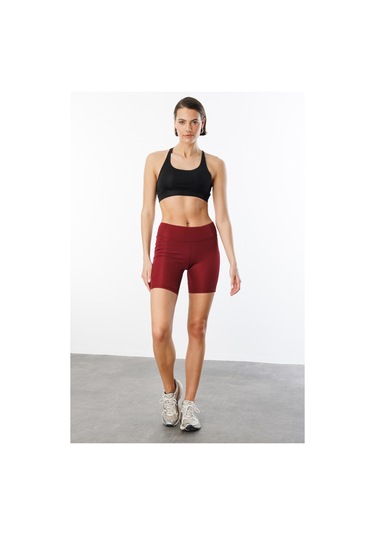 Yüksek Bel Toparlayıcı Çift Cepli Biker Şort Kısa Spor Tayt Kısa-tayt Bordo