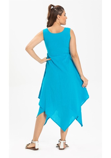 Kolsuz Şile Bezi Üçgen Katlı Midi Boy Elbise Turkuaz Trkz