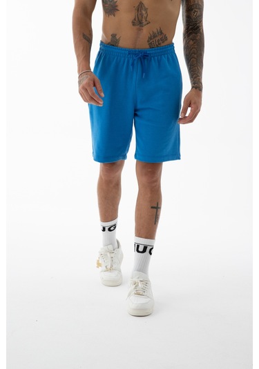 Erkek Mavi Yüksek Kalite Relax-fit Rahat Kesim %100 Pamuk Bağcıklı Siyah Düz Basic Şort Mavi