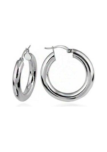 Halka Gümüş Küpe Rodyum Orta Boy  Kalın