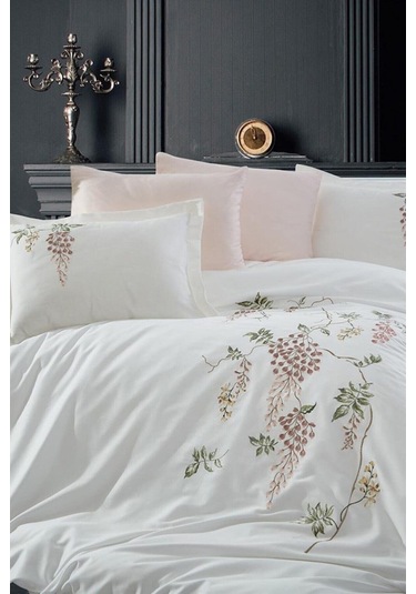 Dantela Salkım Nakışlı Pamuk Saten Nevresim Takımı Ekru