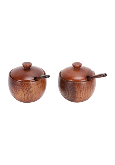 Japon Baharat Kavanozları 2'li Retro Ahşap Baharat Kabı Kapaklı Ve Kaşıklı Mutfak Saklama Kabı -