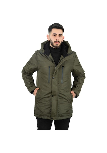 Erkek Polarlı Su Ve Rüzgar Geçirmez Kapüşonlu Kışlık Mont & Kaban & Parka Haki