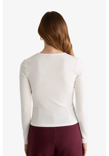 Defacto Slim Fit Dar Kesim Bisiklet Yaka Fitilli Kaşkorse Uzun Kollu Tişört D5114ax25auer105 Ekru