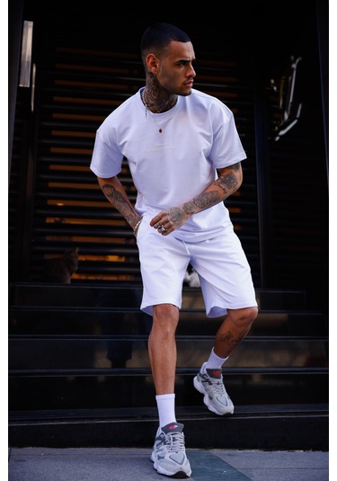 Beyaz Renk Bisiklet Yaka Şort Tişört Takım-1704 Beyaz