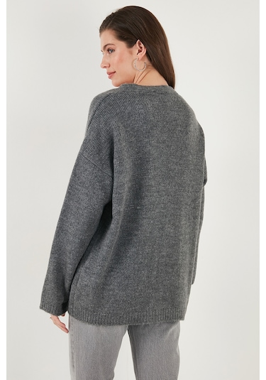 Lela Regular Fit V Yaka Düğmeli Triko Bayan Hırka 4616229 Antrasit