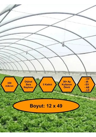 Sera Naylonu, 36 Aylık, 5 Katkılı, 350 Micron 12x49 Şeffaf Sera Örtüsü, Uv Dayanımlı, Ir, Ev, Ab, Ld