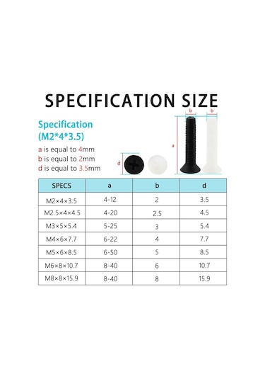 Phillips Çapraz Naylon Düz Kafa Makine Vidası Metrik Dişli Plastik Havşa White M4x25 50pcs M2.5 x 12 MM