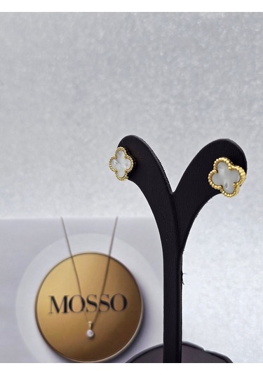 Beyaz Gold Renk Çelik Küpe Yoncalı Model Beyaz