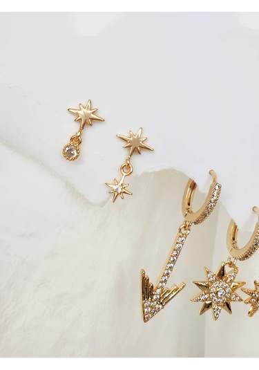 6'lı Ok Yıldız Kutup Yıldızı Altın Kaplama Gold Küpe Seti Gold