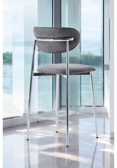 Hanev Serisi 1 Adet 75 Cm Krem Ada Mutfak Bar Sandalyesi Gold Kaplama Metal Ayak Gri Sandalye - Krom Ayak Gri