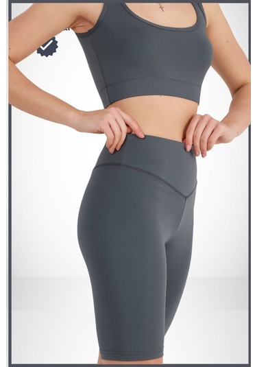 Kadın Yüksek Bel Toparlayıcı Tayt Kısa Spor Şort Deniz Havuz Spor Biker Shorts Antrasit 1070 Antrasit