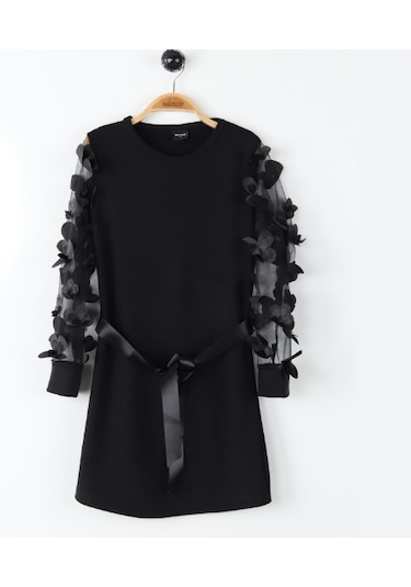 Uğur Böceği Çocuk Kolu Çiçek Motifli Tüllü Full Likralı Elbise 10-16 Yaş 001