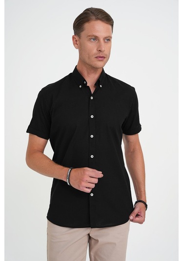 Comfort Fit Düğme Yaka Kısa Kol %100 Keten Düz Siyah Gömlek G 1596 Siyah