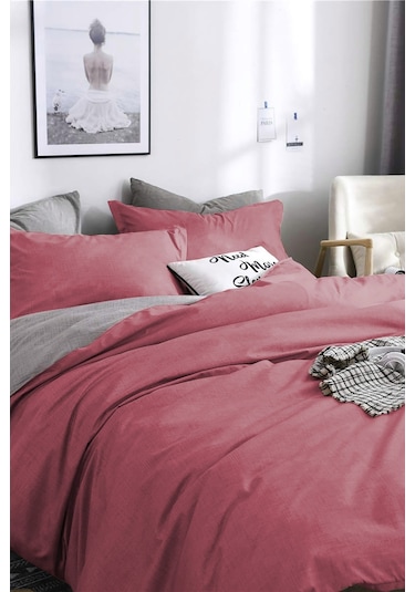 Tek Kişilik Ranforce Çift Taraflı Nevresim Takımı - Lastikli Çarşaflı Gülkurusu-gri