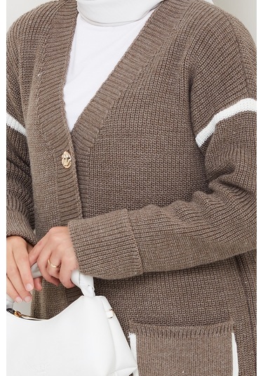 İlge Düğmeli Triko Hırka 1597 - Açık Kahve Sütlü Kahve