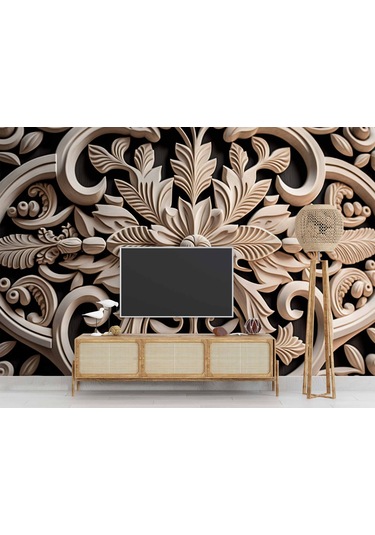 3 Boyutlu Çiçek Figürlü Ağaç Oyma Desenli Duvar Kağıdı