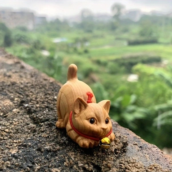 Trendooze Ahşap Kedi Figürü - Doğal Masüstü Dekor Çay Töreni El Yapımı Cloud011