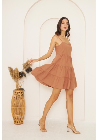 Camel Askısı Boncuklu Püsküllü Eteği Volanlı Mini Elbise Dm1038