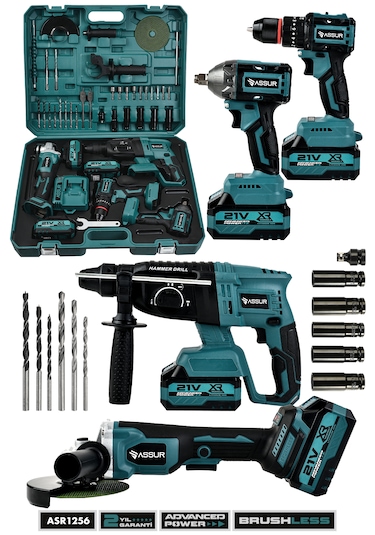 Assur ASR1256 21V 4'lü Set Taşlama + Somun Sıkma Sökme + Akülü Vidalama + Kırıcı Delici Hilti Mavi