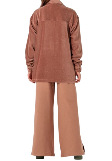 Kız Çocuk Kadife Kahverengi Renk Oduncu Gömlek Pantolonlu Oversize Kalıp İkili Takım Açık Kahverengi