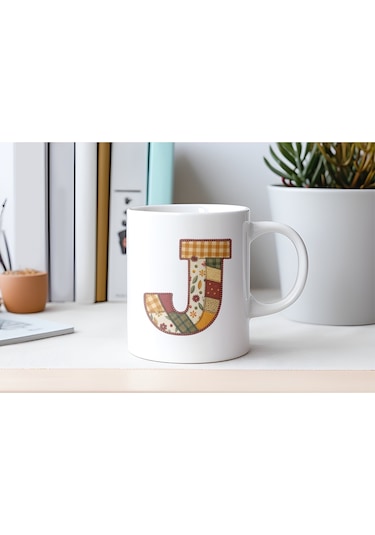 J Harfi Sonbahar Kış Temalı Yamalı Tasarım Kupa Bardak - Etnik Ve Pathwork Severlere Özel Hediye Beyaz