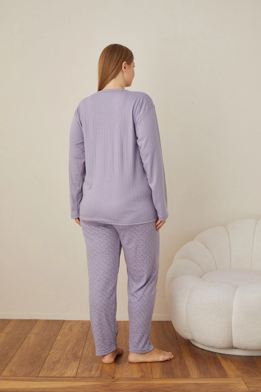 Lindros Kadın Pamuk'lu Düğme Yaka Raporlu İnterlok Kışlık Battal Pijama Takımı 05104 - 1 Adet Lila