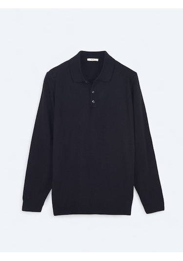 Lacivert Polo Yaka Düz Örgü Triko Kazak Lacivert