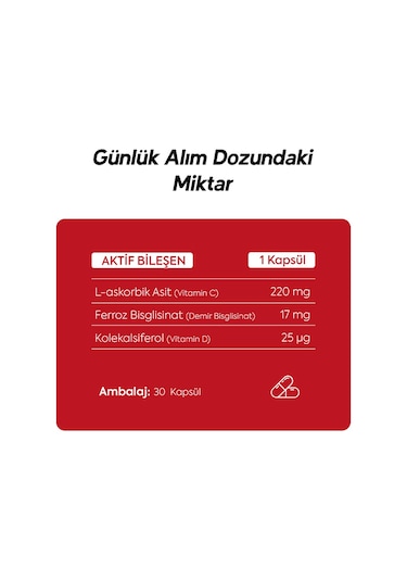 Dr. Henri Ferrocel Demir Bisglisinat Vitamin D3 ve Vitamin C 30 Kapsül