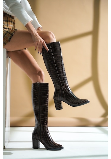 Kleo Kahverengi Krokodil Deri Topuklu 7cm Yanı Fermuarlı Günlük Kullanım Çizme Kahverengi Kroko