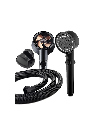 Mobee Turbo Pervaneli 5 Fonksiyonlu Tasarruflu Duş Başlığı Duş Hortumu Ve Mafsal Set Siyah