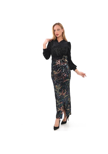 Kruvaze Yaka Payetli Elbise 2750-siyah/bakır Siyah/bakır