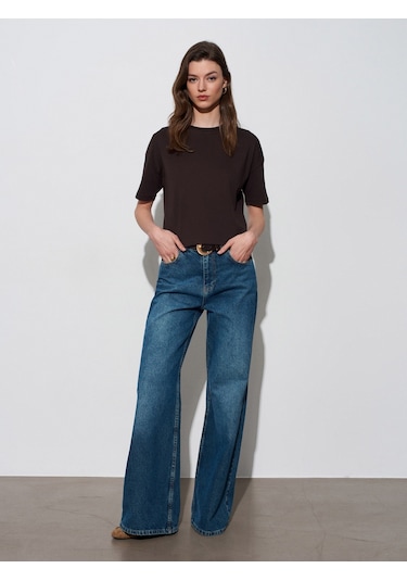 3683 Kadın Basic T-Shirt-Koyu Kahve - 528427730