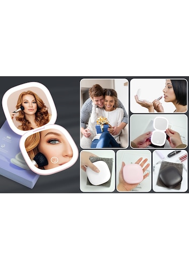 3x Büyütme Özellikli Kompakt Ayna, Taşınabilir Cep Aynası, Çift Taraflı Led Işıklı Makyaj Aynası, Usb-c Şarj Edilebilir Seyahat Aynası Siyah Diğer