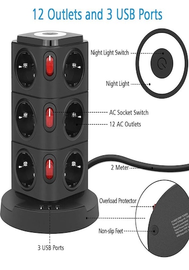 Kule Tipi 3xusb, 12'li Akım Korumalı Priz, Soket 10watt Wireless