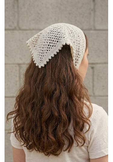 Mavi Renkli File Model Bandana, El Yapımı Örgü Bandana krem