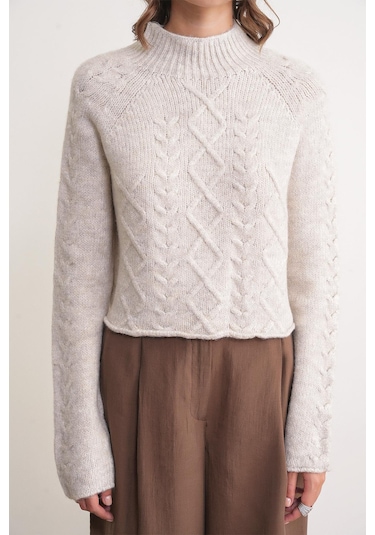 6855 Kadın Dik Yaka Saç Örgülü Triko Kazak Taş Taş