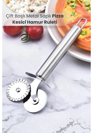 Çift Başlı Metal Saplı Pizza Kesici Hamur Ruleti Krom