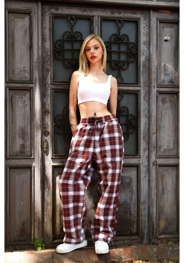 Rocqerx R-4446 Bel Lastikli Ekose Pantolon Kırmızı