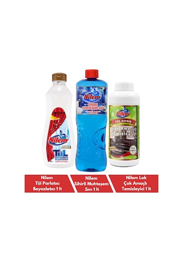 Nilem Duşakabin ve Fayans Temizleyici + Tül Parlatıcı ve Beyazlatıcı + Lok Bitkisel Çok Amaçlı Temizleyici 3 x 1 L