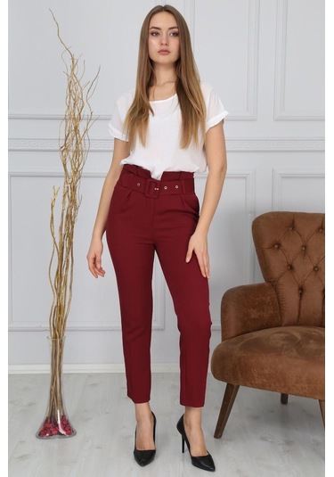 Beli Kemerli Bordo Kumaş Pantolon Bluence Bordo