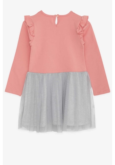 Breeze Kız Çocuk Uzun Kollu Elbise Pullu Çiçek Baskılı 3-8 Yaş, Gülkurusu