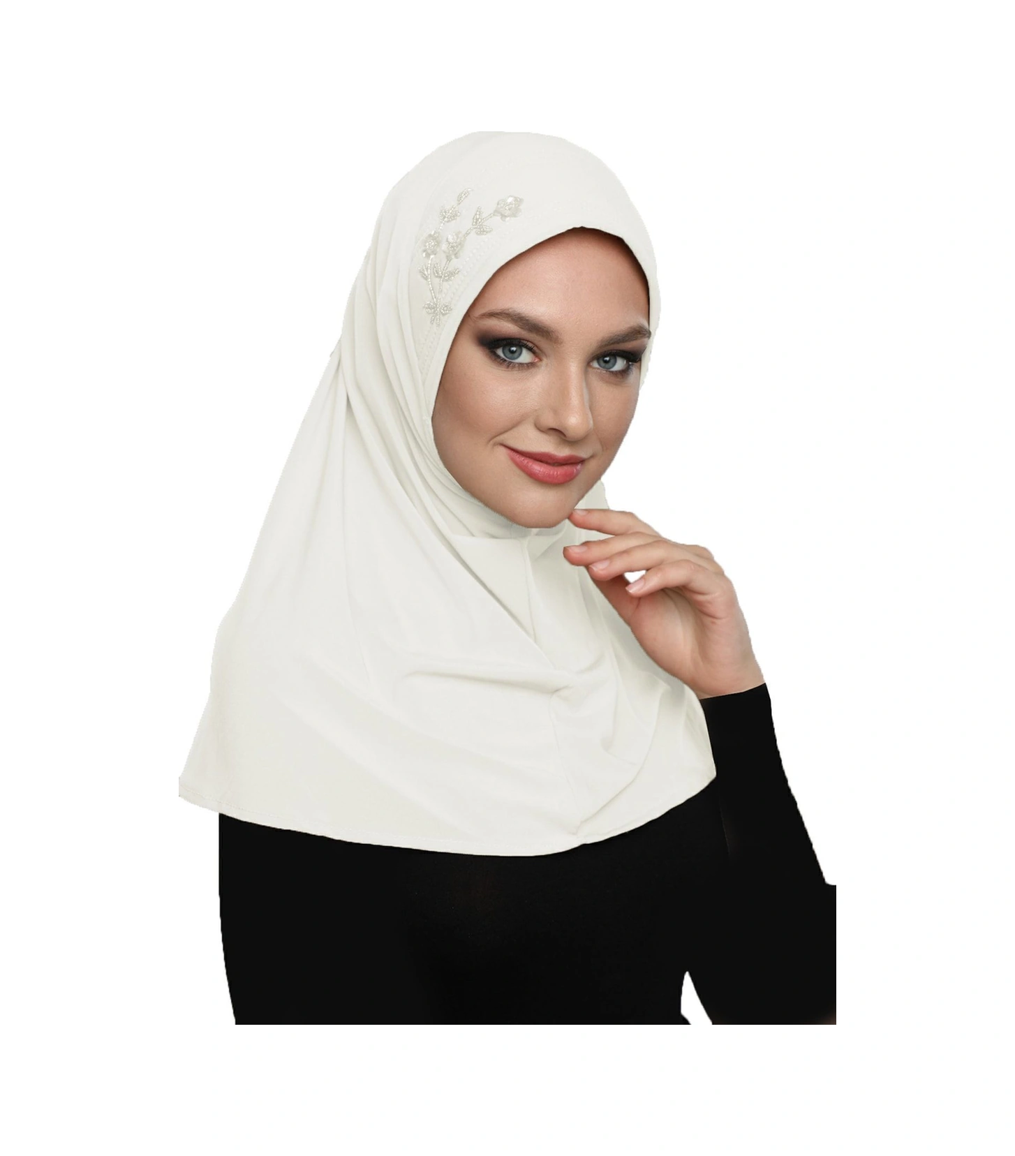 Takmatik Taşlı El Işi Boncuk Işlemeli Krem Hazır Türban Tesettür Bone Namaz Örtüsü Krem