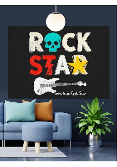 "rock Star" Afişi Ve Gitar Dekoratif Kanvas - Mdf Ahşap Tablo