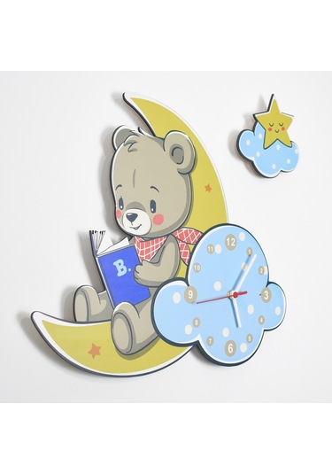 Sevimli Ay Ve Ayıcık Çocuk Odası Ahşap Duvar Saati Ahşap