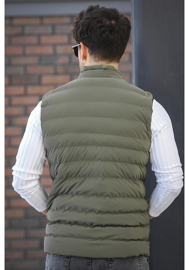 Faxy Cepli Dik Yaka Nova Parlak Kumaş Erkek Şişme Yelek Haki