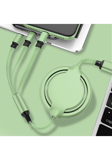 3.5a Sıvı Silikon 3'ü 1 Arada Usb - Usb-c / Type-c 8pin Mikro Usb Geri Çekilebilir Veri Syn Şarj Kablosu Yeşil