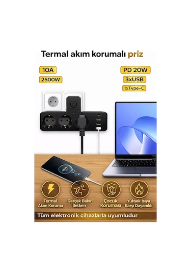 Termal Akım Korumalı 3 Priz / 3 Usb / 1 Typec 20w Girişli 2500w Duvar Tipi 3 Lü Priz