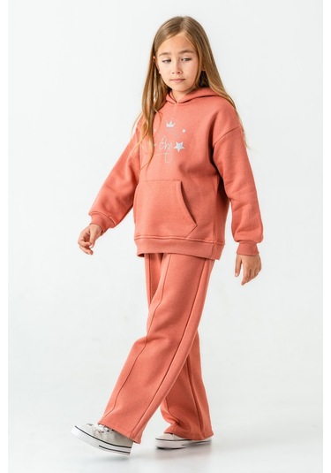 Kız Çocuk You Are The One Baskılı 3 İplik Kalın Kışlık Eşofman Takımı Ak4204 Kiremit